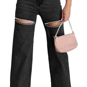 Black Flare Jeans with Chain Embellishments